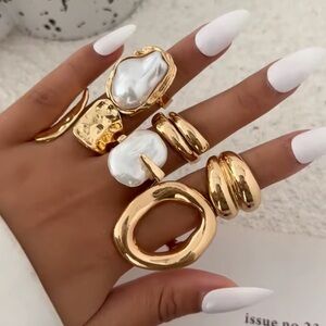 Gold Sculpted Pearl Statement Ring Set